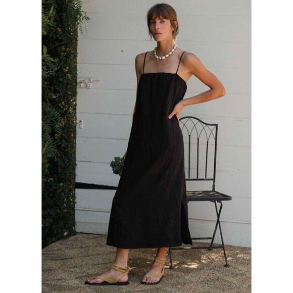DONNI. Dresses & Skirts - DONNI. Jet Black 100% Linen Spaghetti Dress M Medium